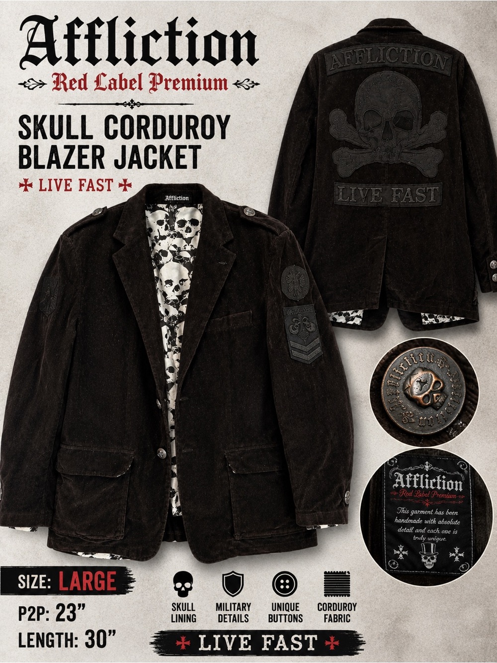 Affliction Red Label Premium Skull Corduroy Military Blazer Jacket Brown L Y2K